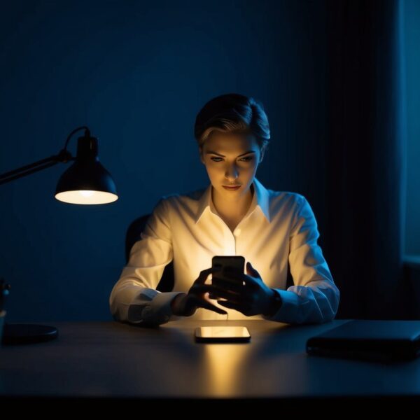 Uma figura está sentada em uma mesa mal iluminada, digitando em um smartphone com uma expressão secreta. O quarto está escuro, com apenas o brilho do telefone iluminando seu rosto.