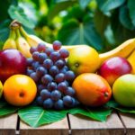 Uma colorida variedade de frutas doces e maduras dispostas sobre uma mesa de madeira. Uvas, bananas e mangas maduras contrastam com as folhas verdes.