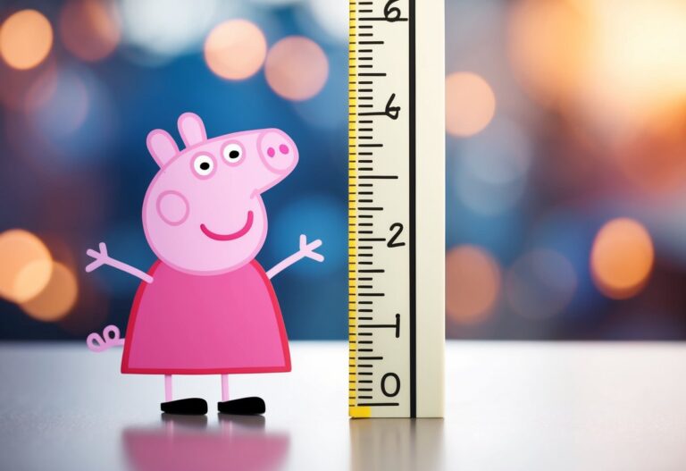 Peppa Pig em pé ao lado de uma régua, medindo sua altura com uma expressão curiosa