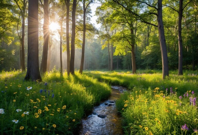 Uma clareira serena na floresta com luz do sol filtrada através das árvores, cercada por flores silvestres coloridas e um riacho suave fluindo pelo centro