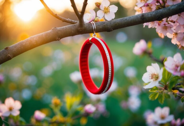 Uma pulseira vermelha pendurada em um galho de árvore, cercada por flores em flor e brilhando ao sol.
