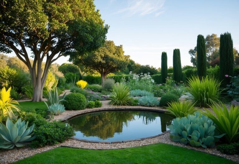 Um jardim sereno com um pequeno lago, cercado por plantas e árvores bíblicas raras e incomuns, sob um céu claro.