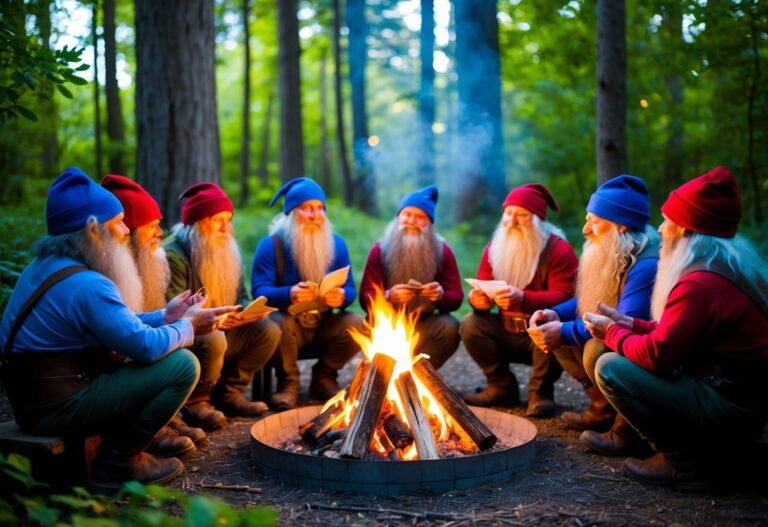 Um grupo de anões em uma floresta exuberante, reunido ao redor de uma fogueira, compartilhando histórias e risadas.