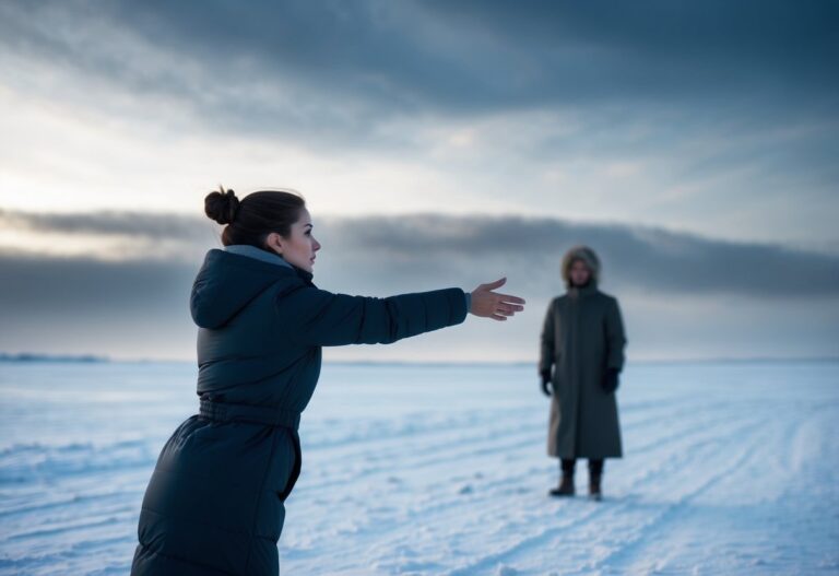 Uma mulher estendendo a mão para uma figura distante em pé em uma paisagem congelada e desolada sob um céu frio e indiferente