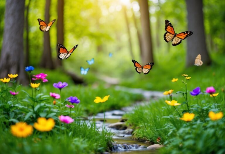 Uma clareira serena na floresta com um riacho suave, flores vibrantes e borboletas coloridas voando ao redor