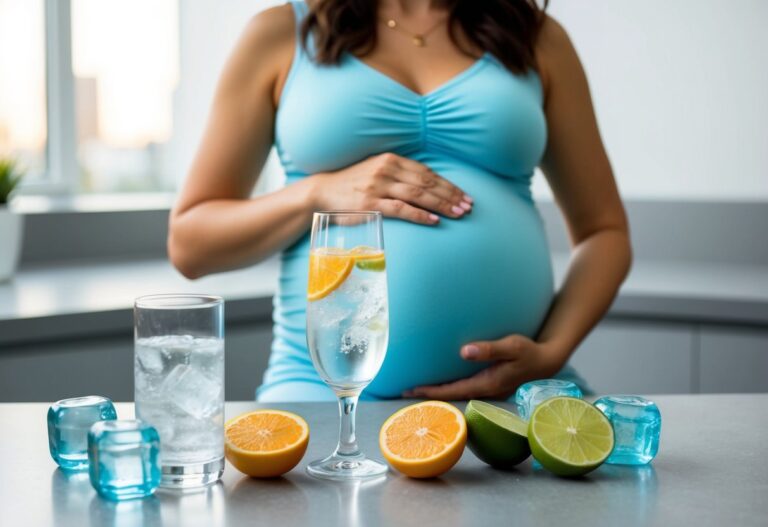 Uma mulher grávida segurando um copo de água tônica, cercada por elementos refrescantes e hidratantes, como cubos de gelo e fatias de cítricos.