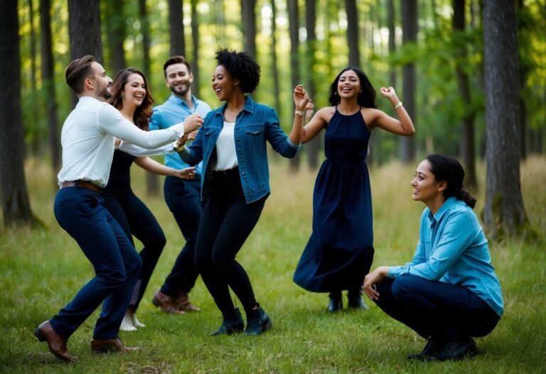 Um grupo de pessoas dançando e rindo em uma floresta, enquanto uma pessoa está sentada sozinha, olhando para os outros com uma expressão sombria.