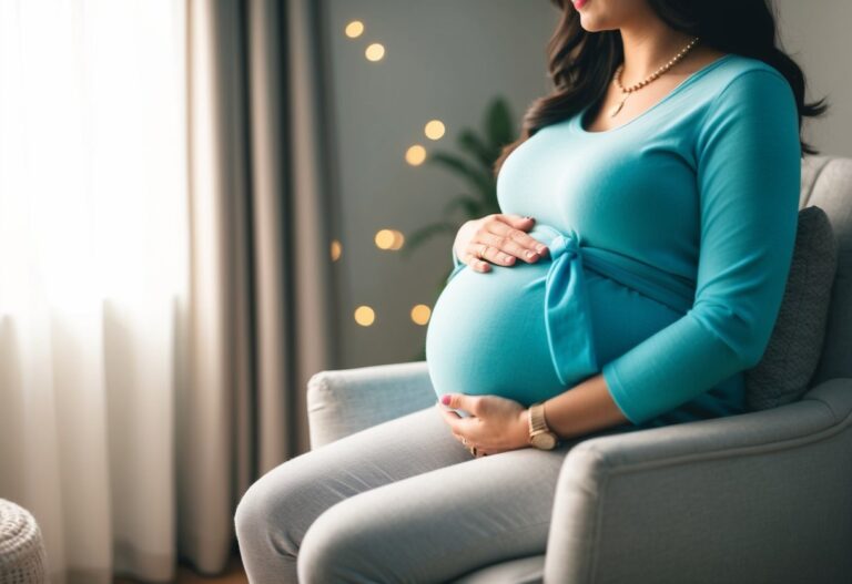 Uma barriga grávida se dobra enquanto ela se senta, cercada por uma cadeira aconchegante e uma iluminação suave.