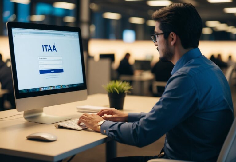 Uma pessoa sentada em uma mesa com um computador, digitando seu número de CPF no site do Itaú para consultar sua conta.