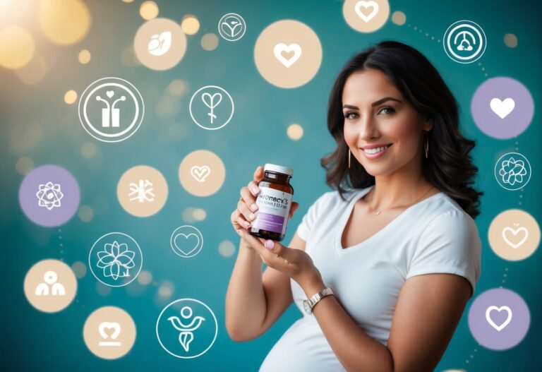 Uma mulher segurando uma garrafa de suplementos de saúde feminina, cercada por símbolos de fertilidade e imagens positivas de gravidez