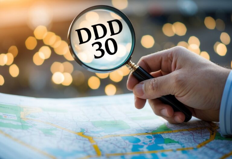 Uma mão alcançando um mapa com uma lupa pairando sobre a localização "DDD 30"