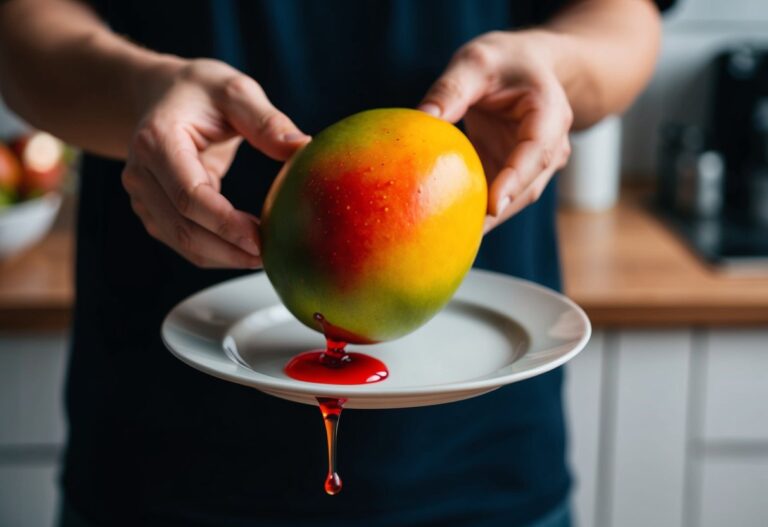 Uma pessoa segurando um manga madura com um líquido vermelho pingando dela em um prato