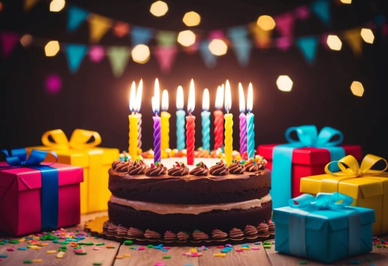 Um bolo de aniversário com velas acesas, cercado por decorações coloridas e presentes