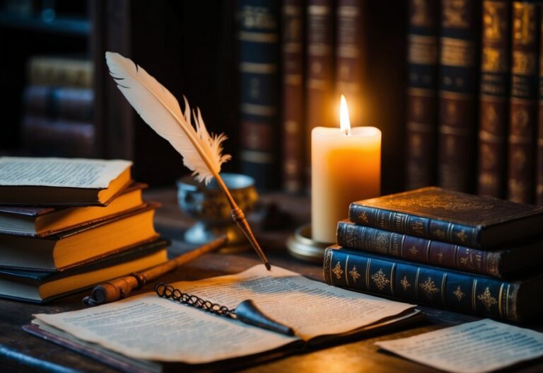 A mesa de Annie Knight está bagunçada com livros, uma pena e pergaminho. Uma vela pisca, lançando um brilho quente sobre a mesa velha e gasta.