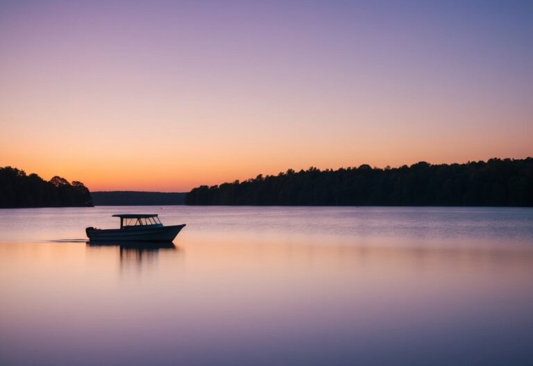 Um pôr do sol sereno sobre um lago tranquilo com um barco solitário flutuando à distância