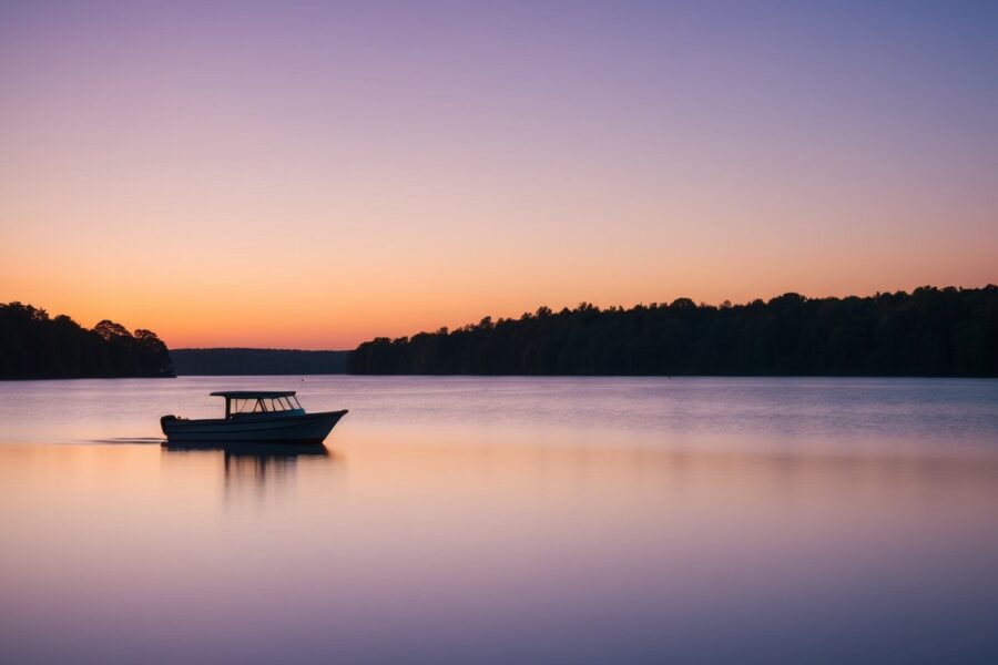 Um pôr do sol sereno sobre um lago tranquilo com um barco solitário flutuando à distância