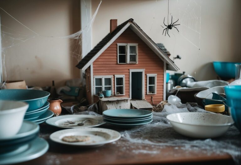 Uma casa bagunçada e empoeirada, com teias de aranha e louça suja