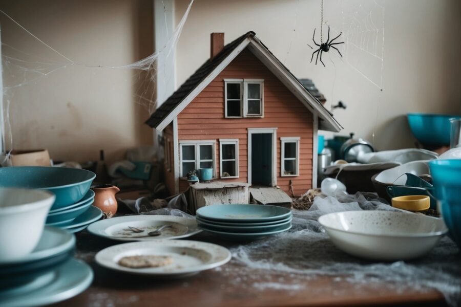 Uma casa bagunçada e empoeirada, com teias de aranha e louça suja