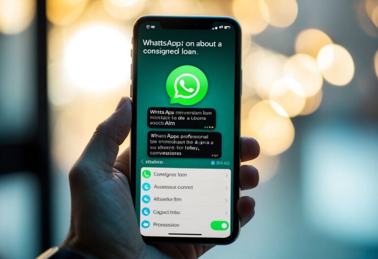 Um smartphone exibindo uma conversa no WhatsApp sobre um empréstimo consignado