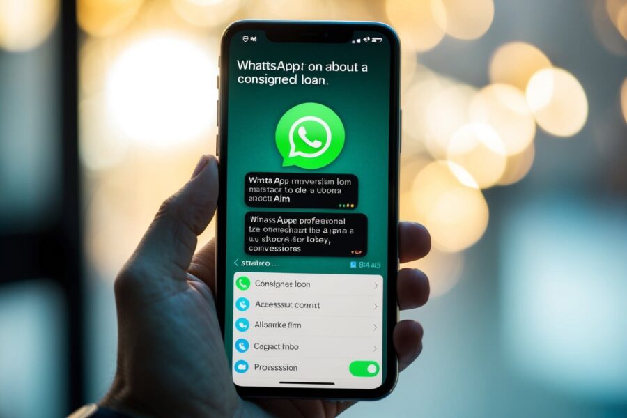 Um smartphone exibindo uma conversa no WhatsApp sobre um empréstimo consignado
