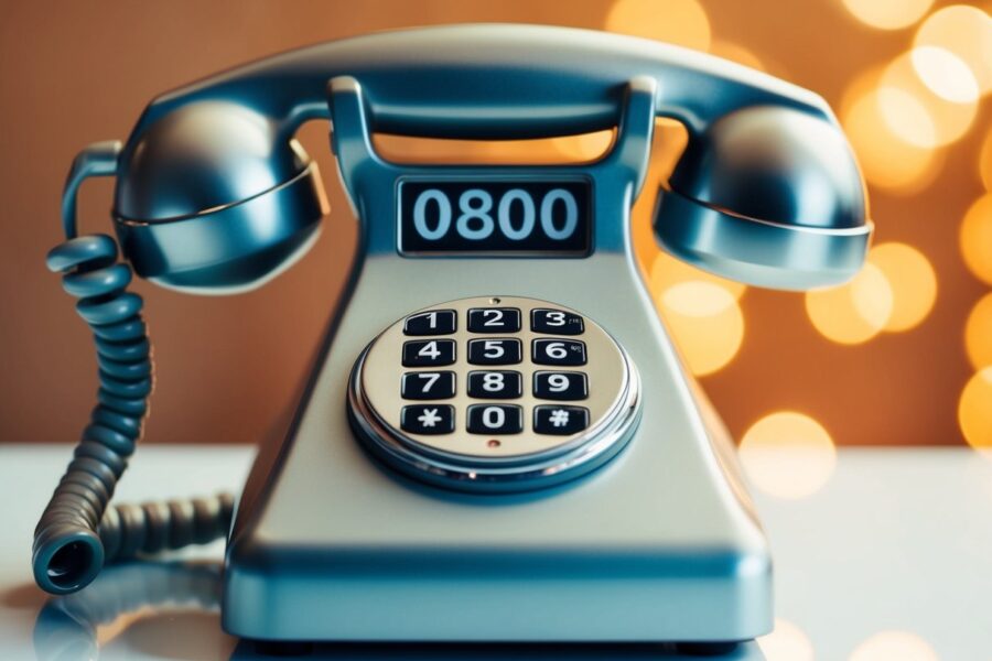 Um telefone vintage com um número 0800 proeminente exibido no teclado.