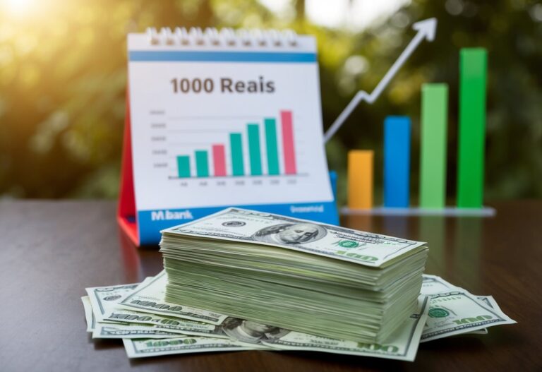 Uma pilha de notas, rotulada como "1000 reais," está sobre um cartão Nubank. Um calendário mostra um mês passando. Gráficos ao fundo acompanham o aumento dos ganhos.
