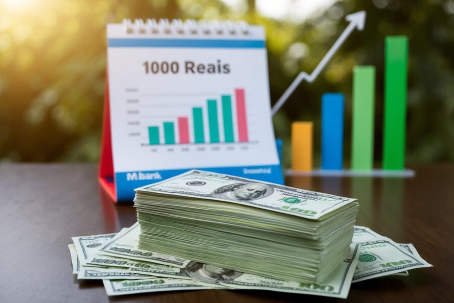 Uma pilha de notas, rotulada como "1000 reais," está sobre um cartão Nubank. Um calendário mostra um mês passando. Gráficos ao fundo acompanham o aumento dos ganhos.