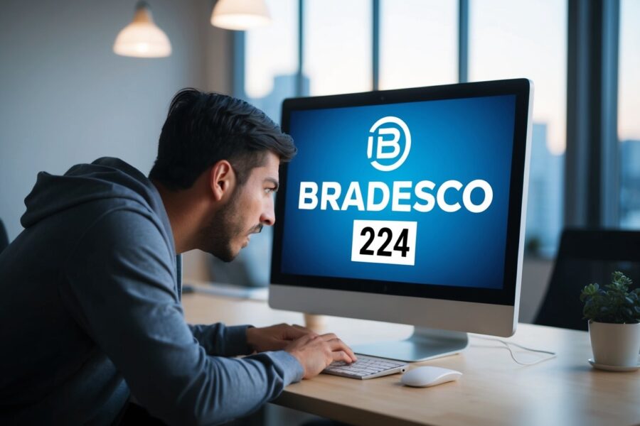 Uma pessoa frustrada olhando para a tela do computador com o logotipo do Bradesco exibido e uma mensagem de erro código 224