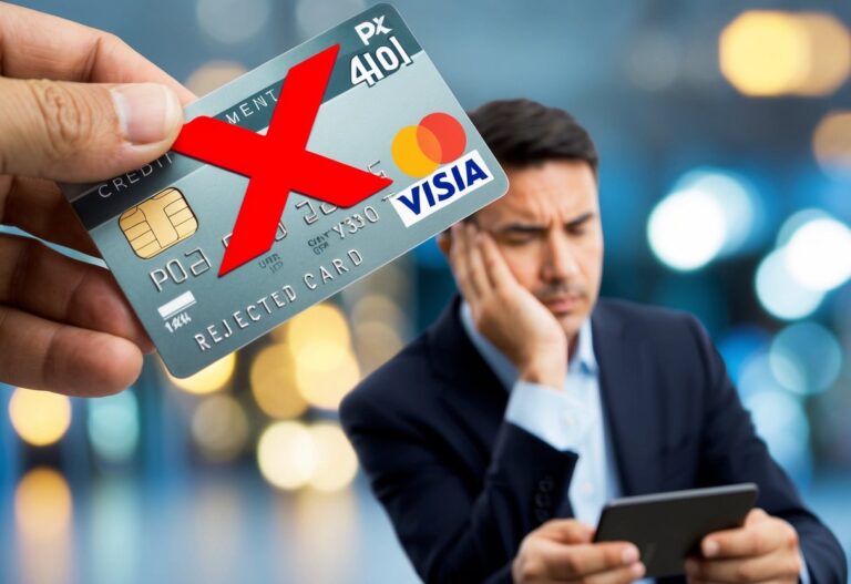 O pagamento rejeitado: um "X" vermelho sobre um cartão de crédito, uma cara de desapontamento na tela do PSP e um comerciante desapontado.