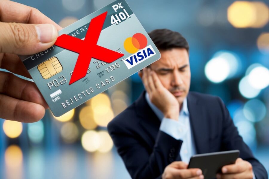 O pagamento rejeitado: um "X" vermelho sobre um cartão de crédito, uma cara de desapontamento na tela do PSP e um comerciante desapontado.