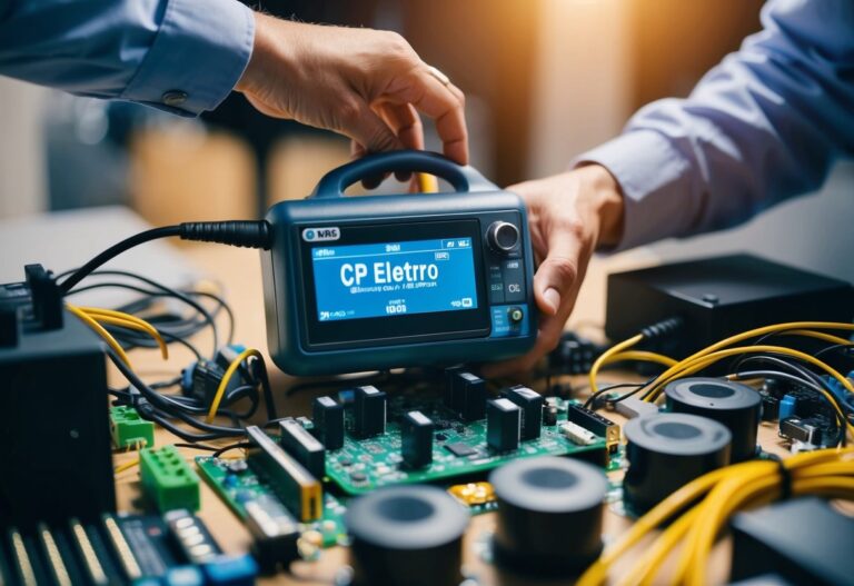 Um técnico segurando um dispositivo CP eletro, cercado por componentes elétricos e fios, trabalhando em uma placa de circuito.