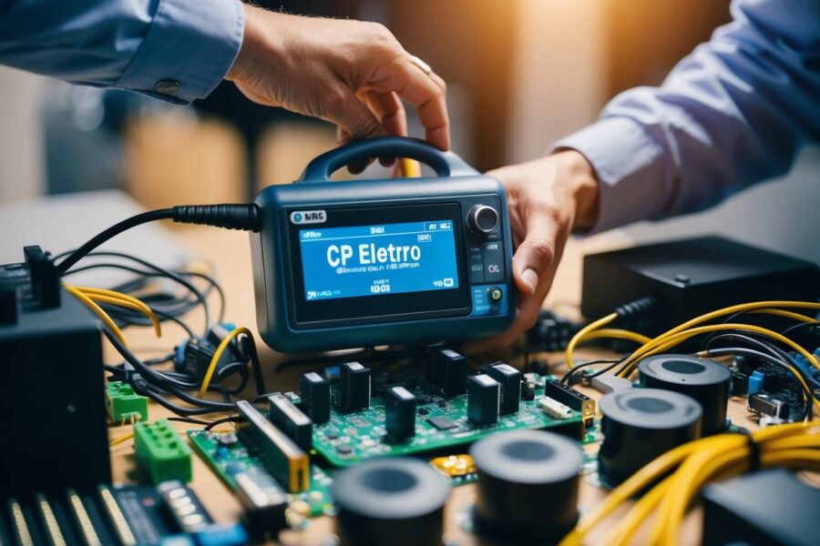 Um técnico segurando um dispositivo CP eletro, cercado por componentes elétricos e fios, trabalhando em uma placa de circuito.