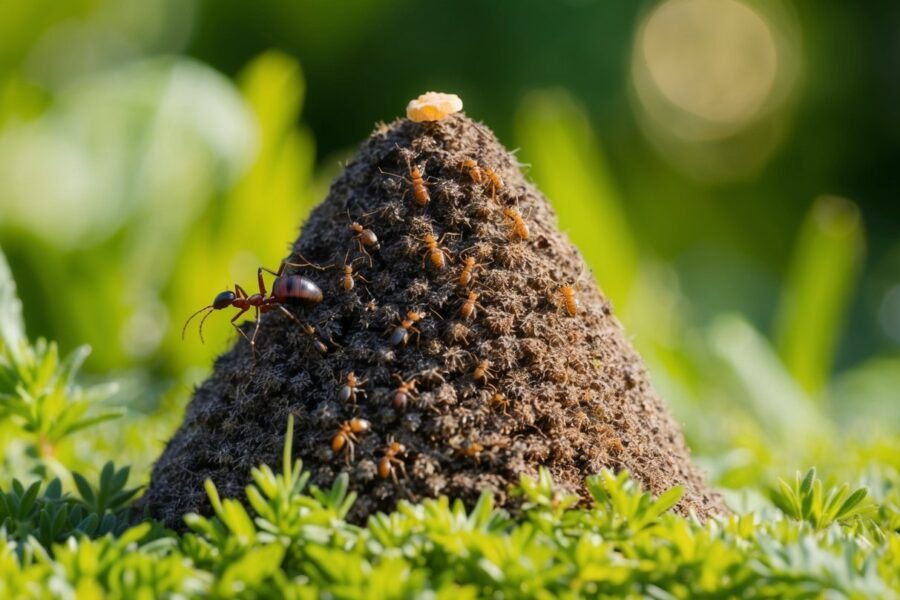 Um grande formigueiro cercado de vegetação, com uma pequena formiga carregando um grão de alimento em suas mandíbulas