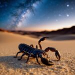 Um escorpião rastejando por uma paisagem desértica onírica sob um céu noturno estrelado