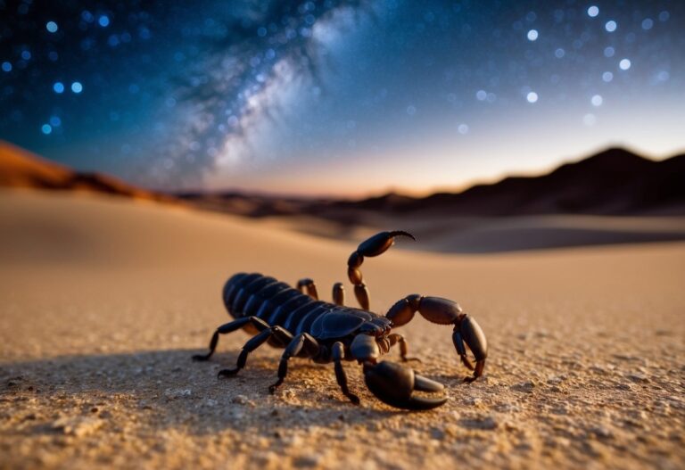Um escorpião rastejando por uma paisagem desértica onírica sob um céu noturno estrelado