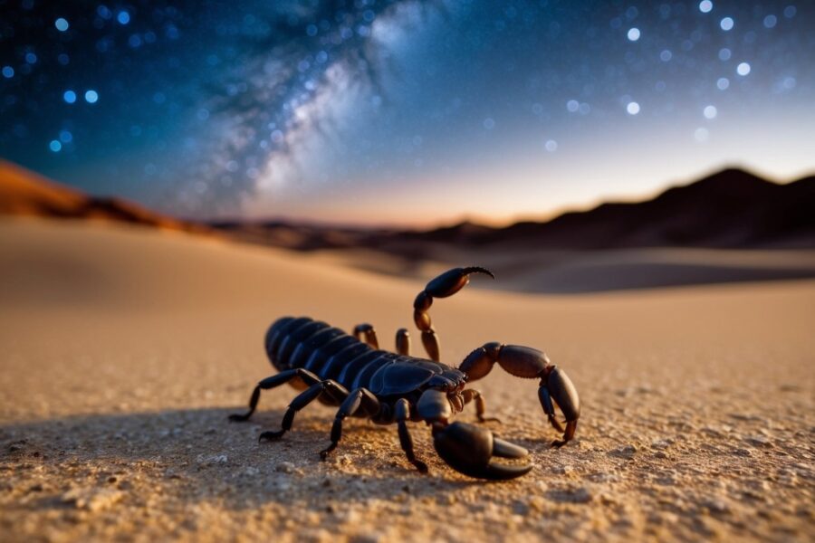 Um escorpião rastejando por uma paisagem desértica onírica sob um céu noturno estrelado