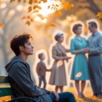 Pessoa sentada em um banco de parque olhando para o horizonte com expressão nostálgica, cercada por figuras translúcidas de pessoas do passado em um ambiente ao ar livre.