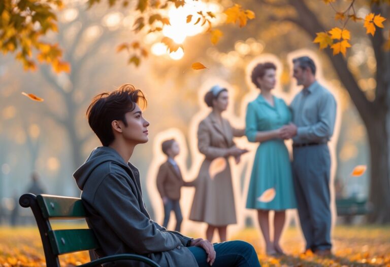 Pessoa sentada em um banco de parque olhando para o horizonte com expressão nostálgica, cercada por figuras translúcidas de pessoas do passado em um ambiente ao ar livre.