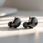 Um par de fones de ouvido sem fio modernos e elegantes sobre uma superfície limpa e minimalista.