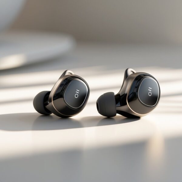 Um par de fones de ouvido sem fio modernos e elegantes sobre uma superfície limpa e minimalista.