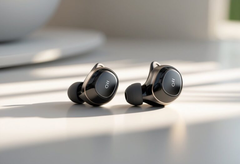 Um par de fones de ouvido sem fio modernos e elegantes sobre uma superfície limpa e minimalista.
