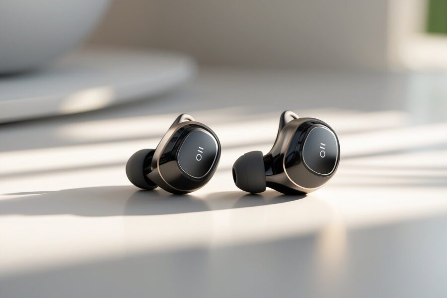 Um par de fones de ouvido sem fio modernos e elegantes sobre uma superfície limpa e minimalista.