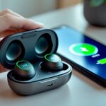 Mão segurando fones de ouvido Redmi próximos a um smartphone mostrando ícone de bateria carregando em uma mesa moderna.