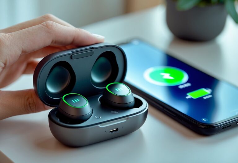 Mão segurando fones de ouvido Redmi próximos a um smartphone mostrando ícone de bateria carregando em uma mesa moderna.