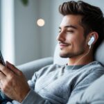 Pessoa usando fone Bluetooth enquanto segura celular conectado ao carregador.