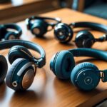 Vários fones de ouvido premium organizados sobre uma mesa de madeira, com diferentes estilos e designs.