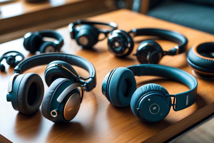 Vários fones de ouvido premium organizados sobre uma mesa de madeira, com diferentes estilos e designs.