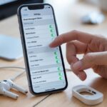 Uma mão interagindo com um smartphone em uma mesa de madeira, mostrando o menu de configurações de áudio, com fones de ouvido próximos.