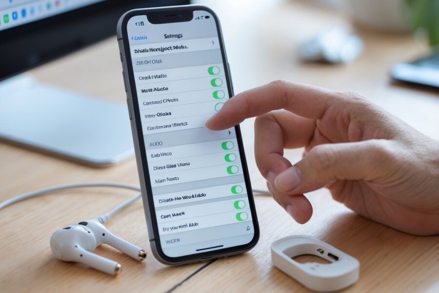 Uma mão interagindo com um smartphone em uma mesa de madeira, mostrando o menu de configurações de áudio, com fones de ouvido próximos.