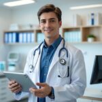 Médico jovem em consultório moderno, vestindo jaleco branco e segurando um tablet digital.